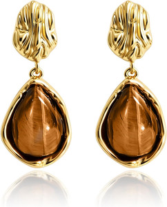 Authentic Vintage 14K Gold Plated Teardrop Tiger Eye Stud Earrings | 14K Gold Plated Teard