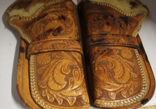 Vintage Western Leather Hand Tooled Double Holster, Wool lining HEAVY WEAR