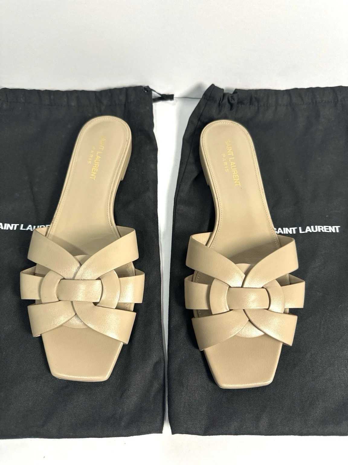 Saint Laurent — Saint Laurent Tribute Dark Beige Leather Flat Slide Mule Sandals EU 39 Dust Bags