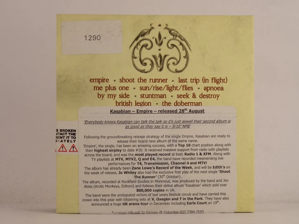 KASABIAN EMPIRE (NO.1290) (564) 11 Track Promo CD Album including Card Sleeve  - Image 2 of 4