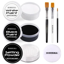 Black & White Face Body Paint + Setting Powder + 3PCS Artist Brushes Face Painti