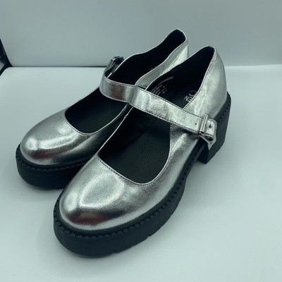 Steve MADDEN NYC Women s 7 Lug Sole Chunky Mary Jane Silver Shoes Boots Y2K Goth