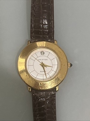 Vtg 1980's Halston Quartz Watch Women's Gold Tone Leather Band 25mm Collectible