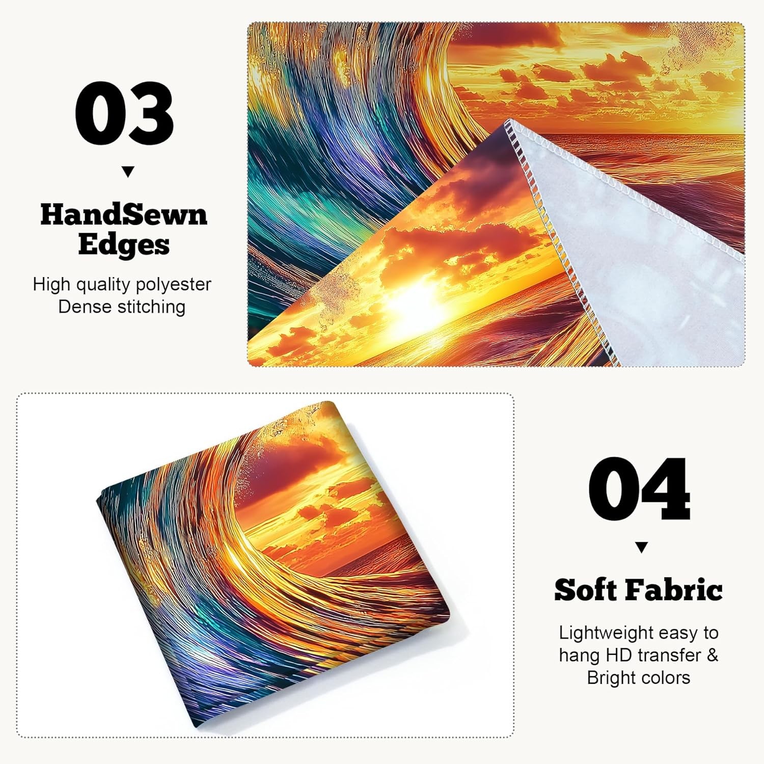 Blacklight Tapestry Northern Lights Sea Waves Sunset UV Reactive Wall Art 79x59"