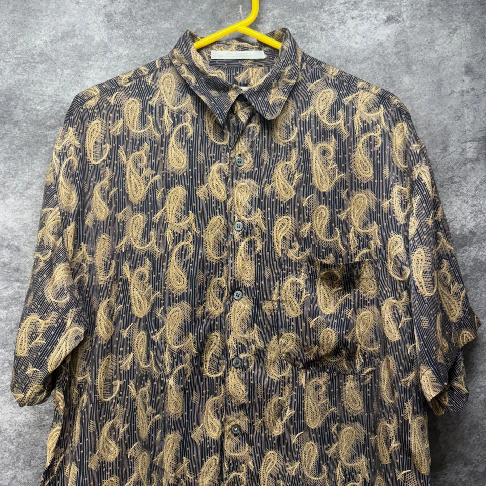 Perry Ellis Silk Paisley Shirt Mens Size M Navy Blue Gold Button Up - Image 2 of 4
