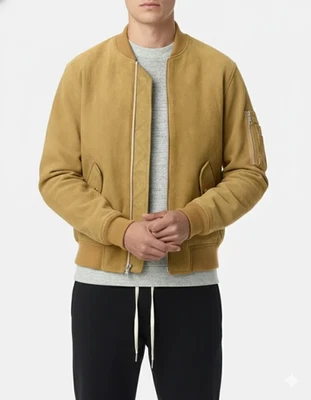 Blouson homme cuir daim bombardier moto agneau véritable marron camel fait main - Photo 1/4