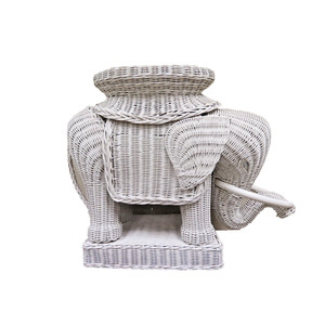 Vintage BOHO Rattan Wicker Elephant Plant Stand End Or Side Table White W/ Tusks