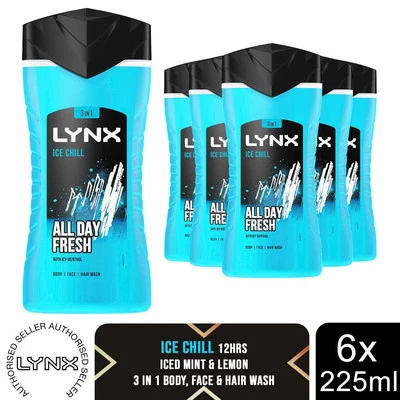 Lynx Ice Chill 12-H Refreshing Fragrance Shower Gel Body Wash for Men, 6x225ml