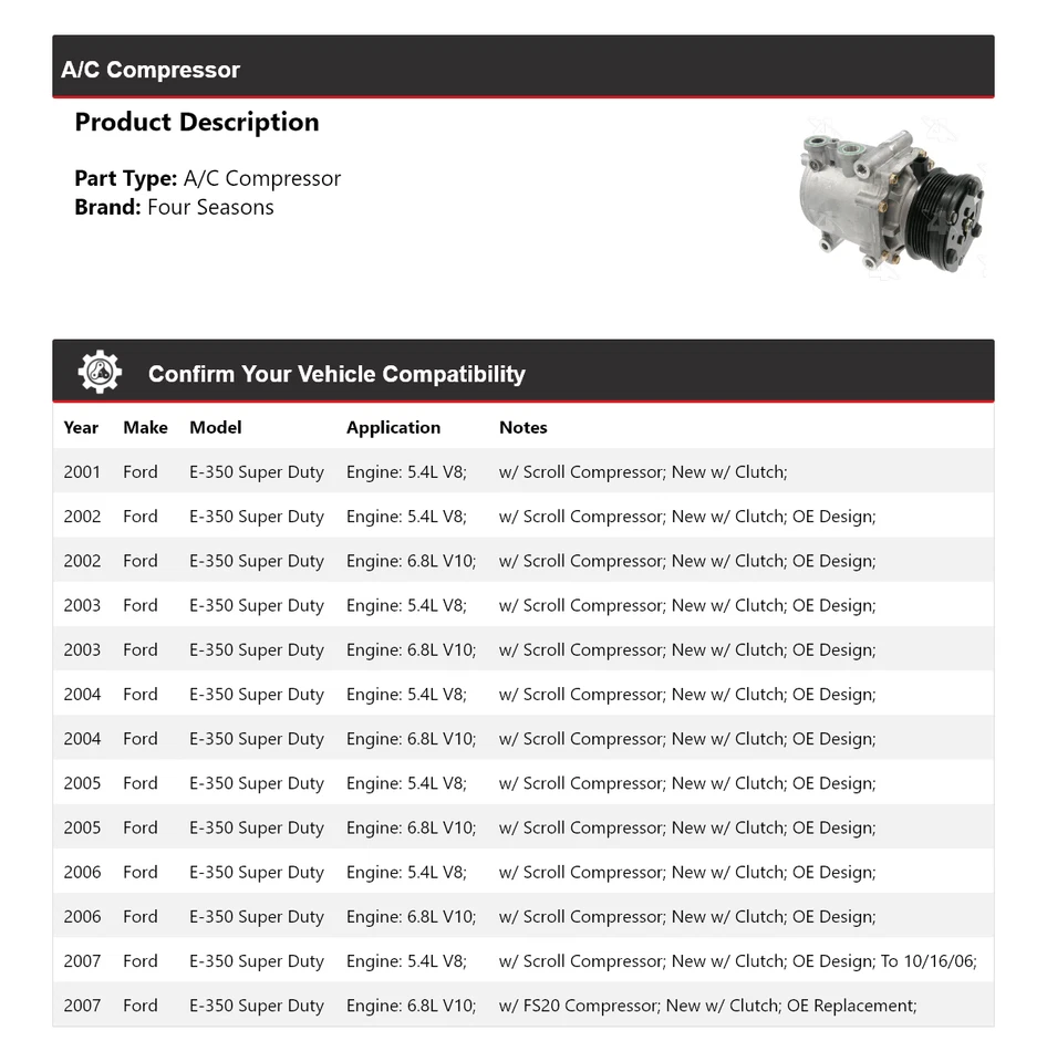 For 2001-2007 Ford E-350 Super Duty A/C Compressor 4 Seasons 2002 2003 2004 2005 - Image 2 of 4