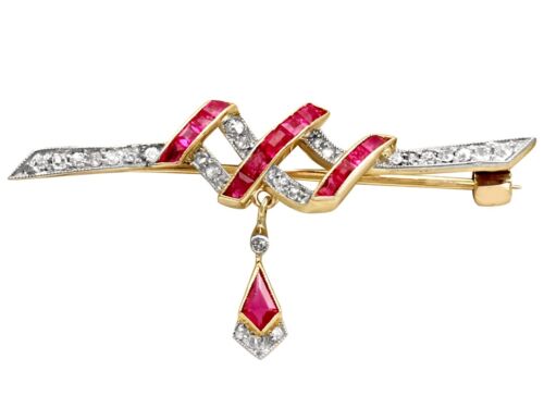 Antique Victorian 0.67ct Ruby and 0.27ct Diamond 18ct Yellow Gold Bar Brooch - Picture 1 of 9