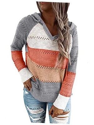  Women Color Block Hooded Crochet Striped Sweaters Lightweight X-Large Gray
