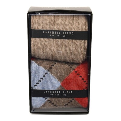 THE MENS STORE 2 Pair Taupe Argyle Cashmere Blend Crew Socks 10-13 Italy NWT