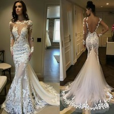 Mermaid Wedding Dresses Long Sleeves Lace Appliques Backless Tulle Bridal Gowns