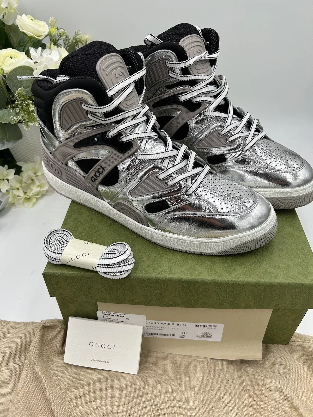 Baskets homme Gucci haut style rue argent/noir taille 10 fabriquées en Italie