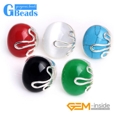 Assorted Color Natural Stone Oval Beads Silver Pleated Ring with Box 21x25mm