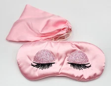 New Pink Glitter Silky Satin Eye Mask With Pouch Eyes Eyelashes