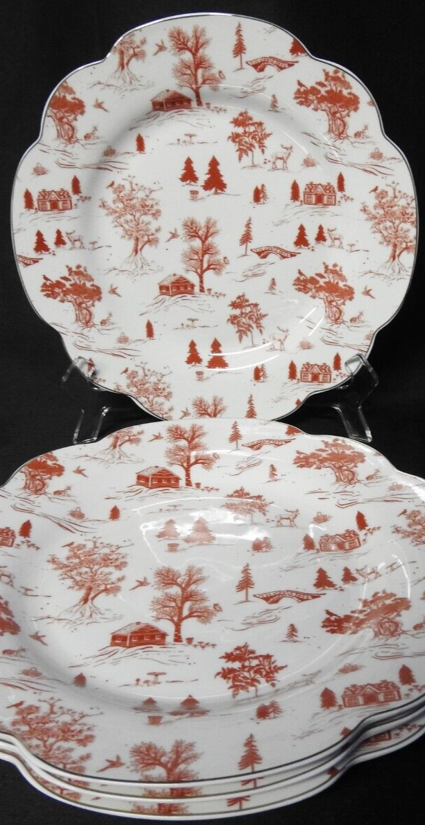 4 Grace Teaware  Porcelain Holiday Red Winter Village Toile   Plates 9
