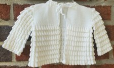 Vtg Cream Sweater Cardigan Puff Crocheted Baby Girl 3-6 Mo Tie Front Long-sleeve