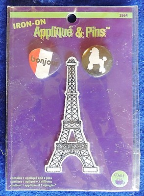 Prym Dritz French Eiffel Tower 1pc Iron-On Applique Bonjour Heart & Poodle Pins