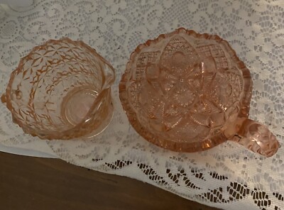Vintage Heavy Lead Crystal Cut Glass Peach Colored Creamer & Sugar Bowl