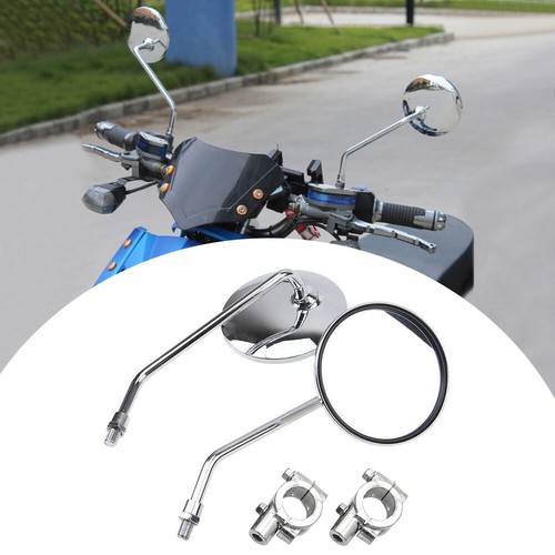 2er Motorrad Rückspiegel Rund Spiegel M8 Chrom mit Spiegelklemme Universal 8mm - Afbeelding 1 van 20