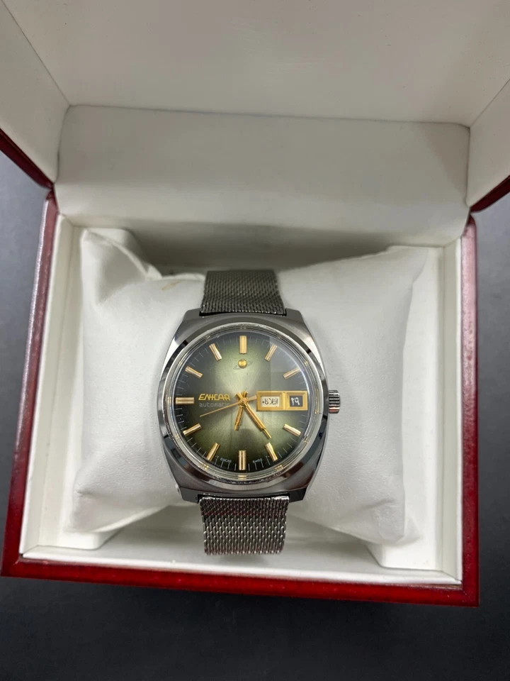 Reloj Automático Enicar Ocean Pearl Años 70 De Colección Esfera Verde Día Fecha Para Hombre 35mm Foto 3 de 4