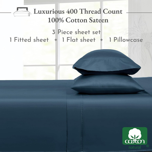100% Cotton Sheets, Twin XL Sheets Set, 400 Thread Count Sateen Bedding for Dorm - Picture 3 of 9
