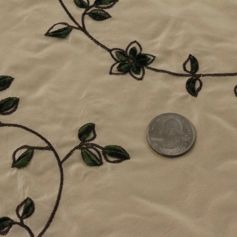 DESIGNER EMBROIDERED SILK KALEY PUTTY GREEN FLORAL VELVET FABRIC BY YARD 54"W - Image 2 of 4