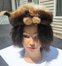 Vintage Brown Real Fur Pillbox Hat w/ French Poodle Accent Mink MCM 50's 60's