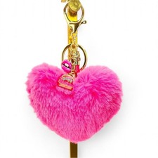 Large Gold Tone Hot Pink Faux Fur Heart Keychain with Charms Backpack Bag Charm