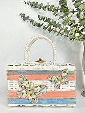 1950s 1960s White Woven Basket Top Box Bag w/Butterflies, Vtg 50s 60s Purse, MCM