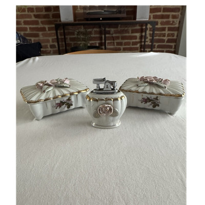 Vintage Porcelain Trinket Box Lighter Vanity Set Floral Gold Japan Style