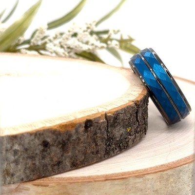 Blue Faceted Design Christmas Gifts Band 8mm Domed Black Tungsten Engraved Ring