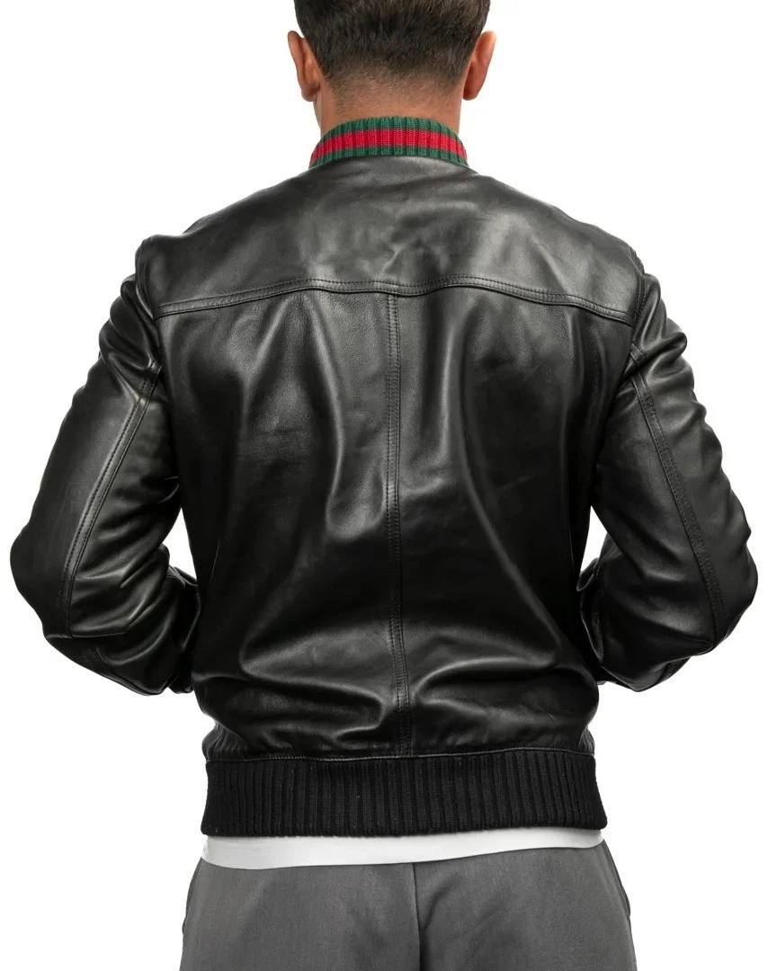 Men Leather Jacket Classic Varsity Bomber Jacket Genuine Black Leather Luxury image 4