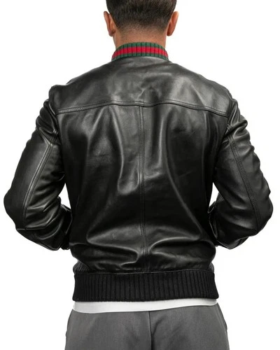 Men Leather Jacket Classic Varsity Bomber Jacket Genuine Black Leather Luxury image 4