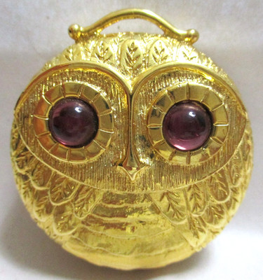 VINTAGE 1960s REVLON INTIMATE OWL COMPACT PERFUME, PENDANT, PILL BOX,GOLDTONE
