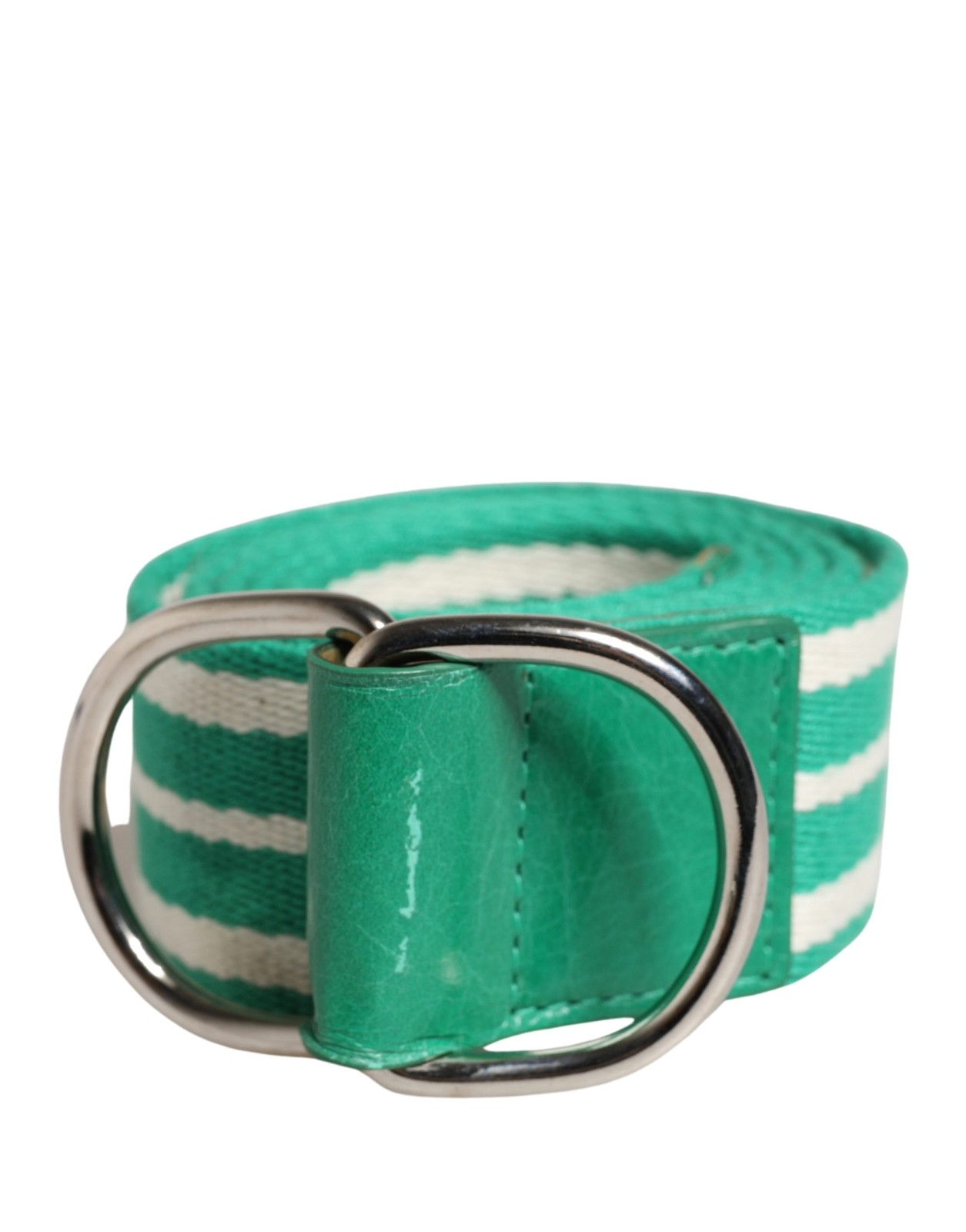Red Valentino White Green Stripes Canvas Silver Metal Buckle Women's Belt