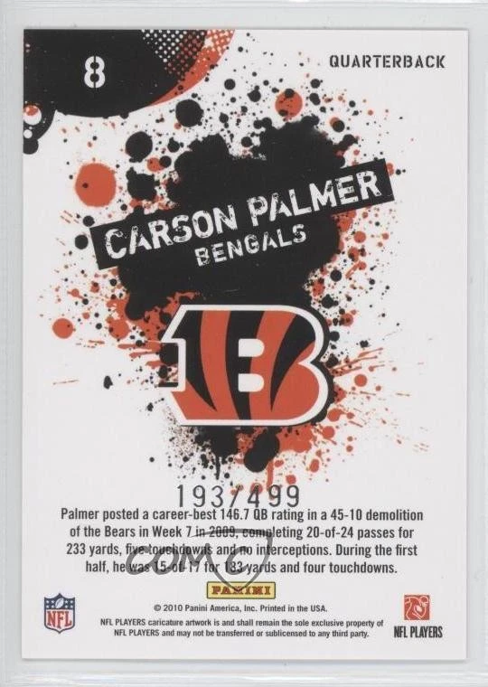 2010 Score NFL Players Scorecard /499 Carson Palmer #8 - Image 2 of 2