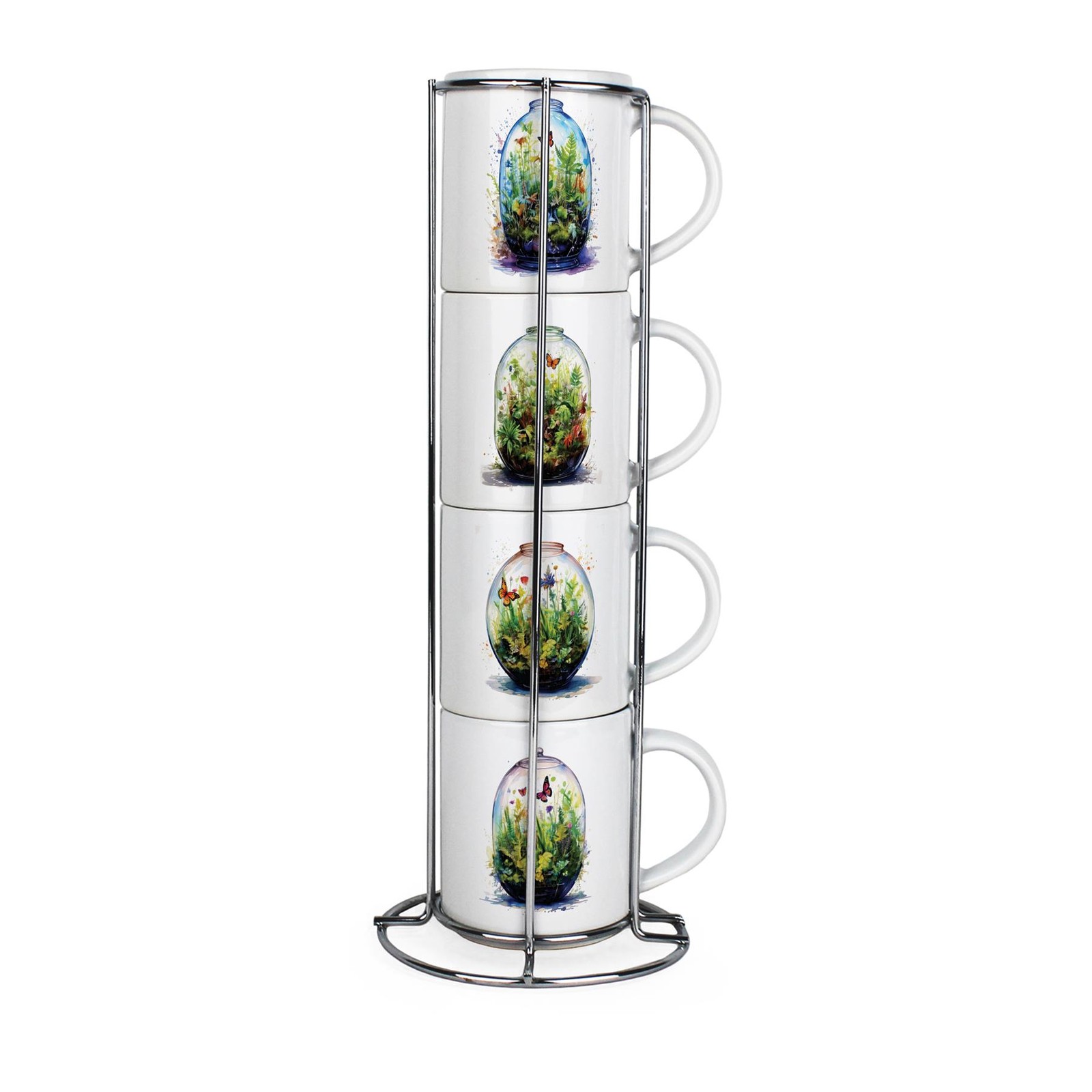 Plant Terrariums Small Stacking Mugs Set - Set of 4 Ceramic Mugs Gift with Stand