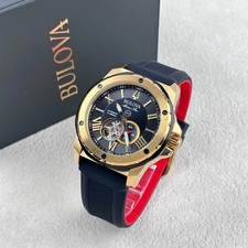 Bulova Marine Star Automatic Black Gold Dial Silicone Strap Men's Watch 98A272