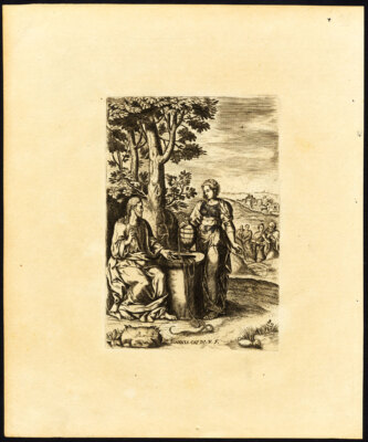 Antiker religiöser Druck-SAMARITERIN-SYCHAR-Wierix-de Passe-Spanoghe-1784