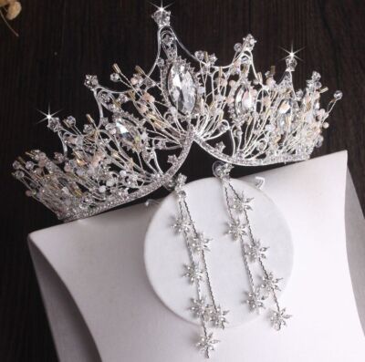 Silver Leaf Crystal Tiara Necklace - Silver Silver Cubic Zirconia 3-Piece With Tiara Wedding Jewelry Set  main image 3
