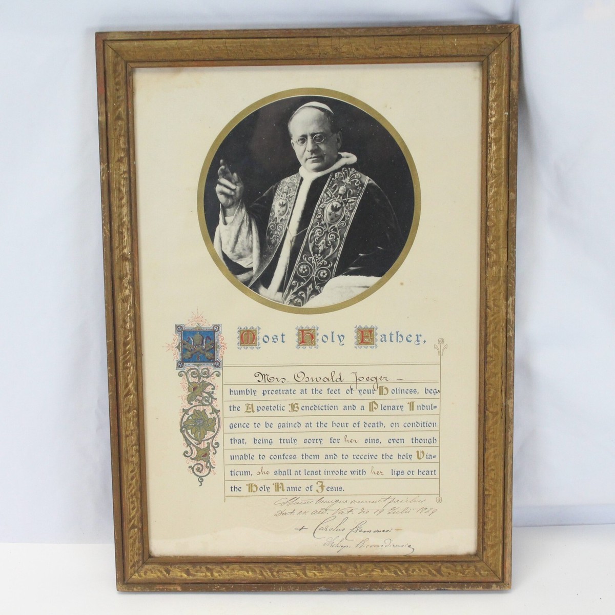 Catholic Pope Pius XI 1929 Signed Benediction Vatican Seal w
