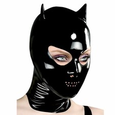 Black Latex Hood with Cat Ears Back Zipper Open Perforated Mouth Rubber Mask