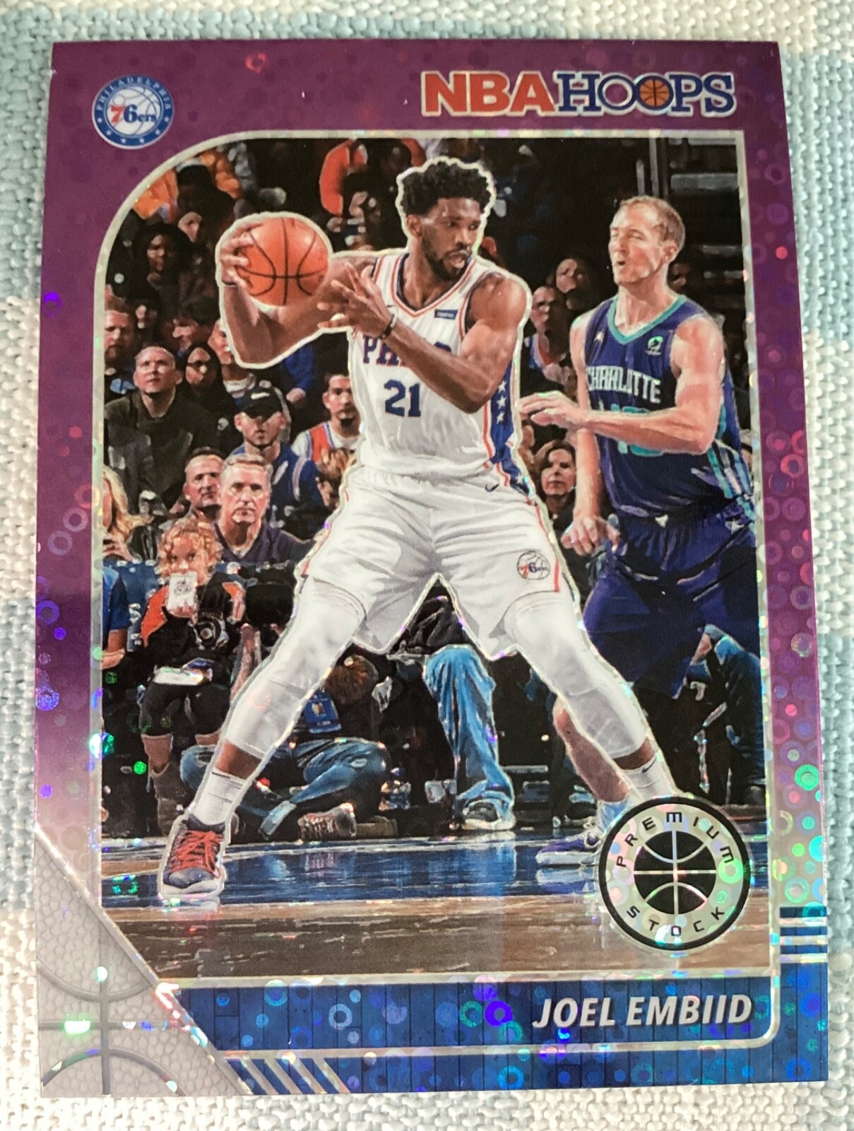 2019-20 Panini NBA Hoops Premium Stock Purple Disco Prizm Joel Embiid #145 76ers