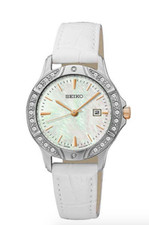 Seiko SUR871 Silver Tone White MOP Dial Swarovski Crystals Womens Dress Watch