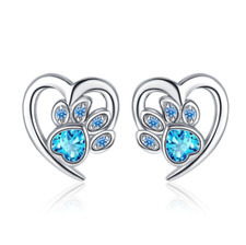 925 Sterling Silver Dog Paw Prints Blue CZ Stud Earrings 8mm Gift Box B35