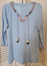 Talbots Light Blue SZ S Embroidered Neckline Keyhole & Tassel Tie Tunic Blouse