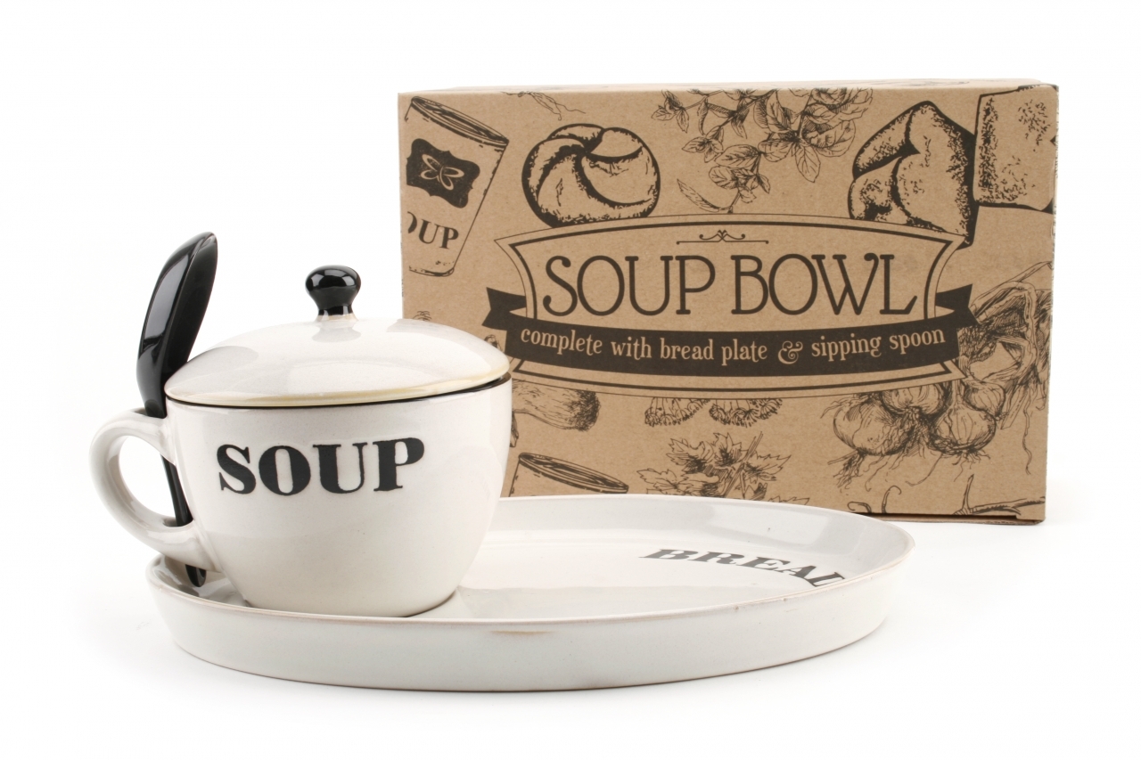 Natural Coloured Ceramic Soup Bowls With Spoon & Lid & Bread Plate Xmas