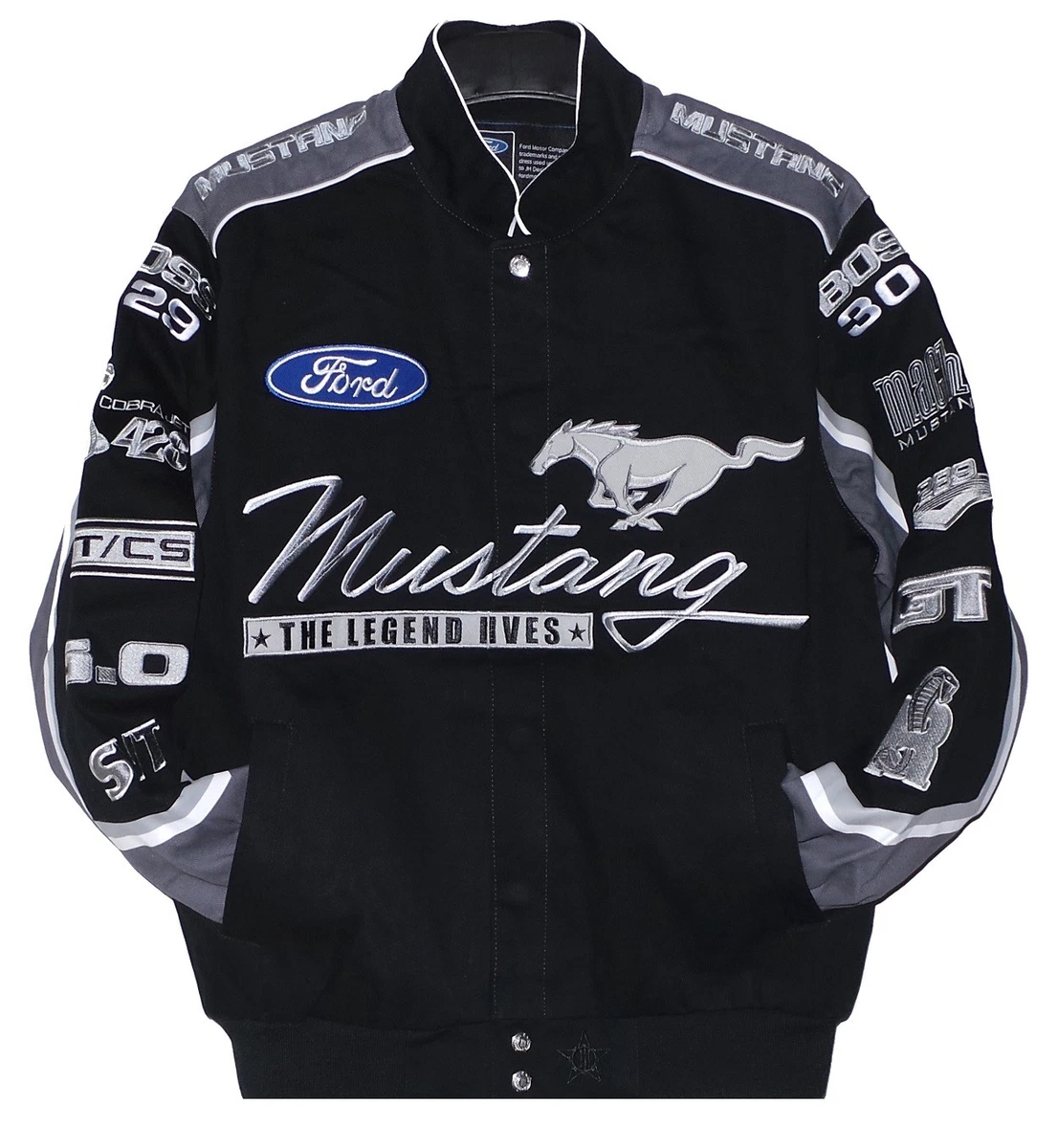 Ford Mustang Racing Jacket Collage Mens Black Twill Jacket by JH Design